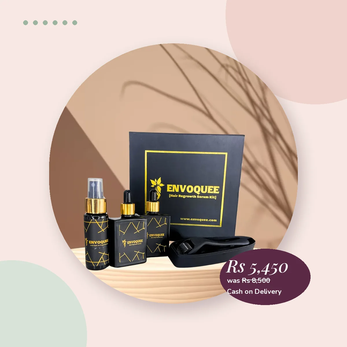 Hair Regrowth Serum Kit with hair serum, Anti Septic prep spray and 540-needle derma roller, shown in its black-and-gold gift box. Rs 5,450 (was Rs 8,500), cash on delivery in Pakistan